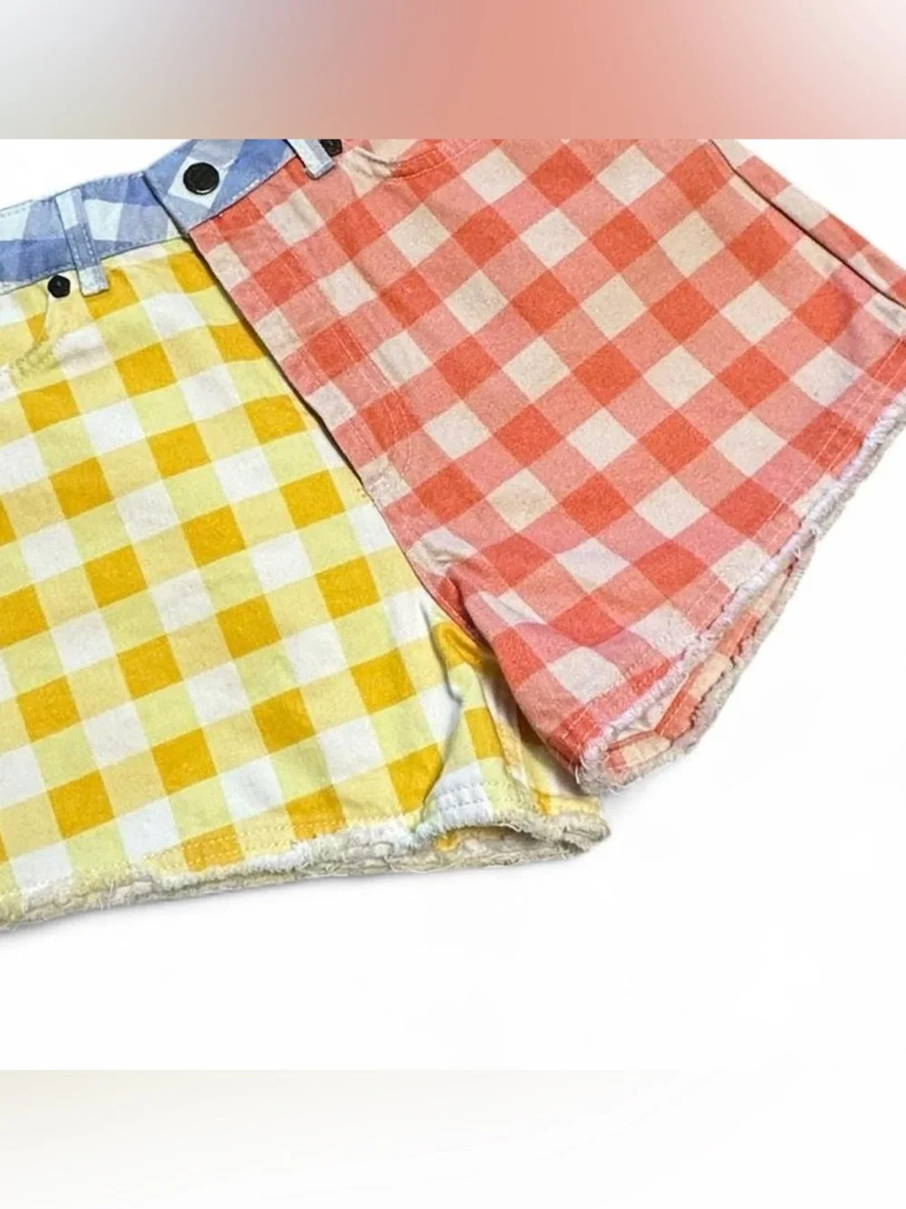 NWT FARM Rio Pastel Gingham Colorblock Denim Shorts - Yellow, Coral & Light Blue